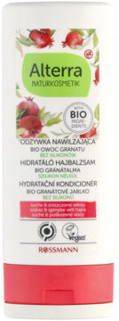 Biała tubka odżywki Alterra Naturkosmetik z granatem, do włosów suchych, bez silikonów, widok z przodu.