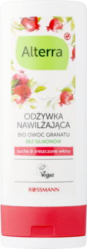Biała tubka odżywki Alterra z granatem do włosów suchych, bez silikonów, z czerwoną nakrętką, widok z przodu.