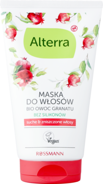 Biała tubka maski Alterra z bio granatem do włosów suchych i zniszczonych, bez silikonów, widok z przodu.
