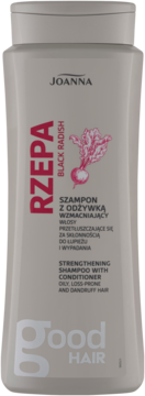Szampon Joanna Rzepa Black Radish wzmacniający, do włosów przetłuszczających się, z łupieżem. Szara butelka, front.