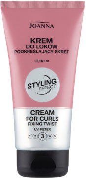 Joanna Styling Effect Krem do loków, różowa tuba z filtrem UV, widok z przodu, podkreśla skręt włosów.
