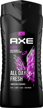 Czarna butelka AXE Excite męski żel 3w1 Crisp Coconut Black Pepper, z magentowymi skrzydłami, widok z przodu.