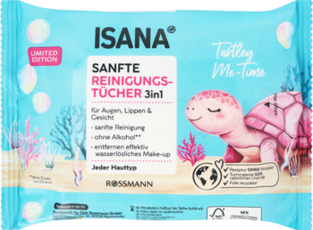 ISANA chusteczki 3w1 do demakijażu, turkusowe opakowanie z różowym żółwiem, edycja limitowana.