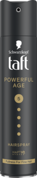 Czarny lakier Schwarzkopf Taft Powerful Age 5 do włosów, widok z przodu, na objętość dla włosów cienkich.