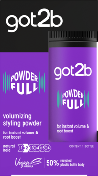 Purple got2b POWDER FULL volumizing styling powder, bottle and box for instant volume and root boost, front view.