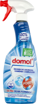 domol Power, środek do usuwania kamienia i zabrudzeń, niebieska butelka z biało-czerwonym spryskiwaczem, front.