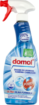 domol Power, środek do usuwania kamienia i zabrudzeń, niebieska butelka z biało-czerwonym spryskiwaczem, front.