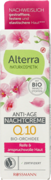 Alterra Anti-Age Nachtcreme Q10 Bio-Orchidee dla skóry dojrzałej, białe pudełko z orchideami, widok z przodu.