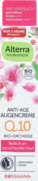 Alterra Anti-Age Q10 BIO-ORCHIDEE krem pod oczy, biało-różowe opakowanie dla cery dojrzałej, widok z przodu.