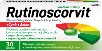 Suplement diety Rutinoscorvit: zielono-białe opakowanie z cynkiem, selenem i witaminą C. Wspiera odporność. Widok z przodu.