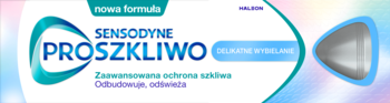 Front opakowania pasty Sensodyne ProSzkliwo Delikatne Wybielanie, białe z tealowym logo i srebrnym symbolem.