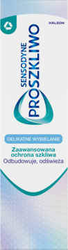 Pionowe opakowanie pasty Sensodyne Proszkliwo Delikatne Wybielanie, biało-niebieski gradient, z turkusowym logo.