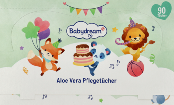 Babydream Aloe Vera Pflegetücher, białe opakowanie z lisem, pandą i lwem w imprezowych strojach.