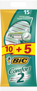 Front view of yellow/green BIC Comfort 2 men's double-blade razors 10+5 with aloe & vitamins.
