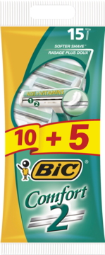 BIC Comfort 2, 15 jednorazowych golarek z aloesem i witaminą E, opakowanie zielono-żółte, widok z przodu.