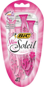 Opakowanie 4 różowych maszynek BIC Miss Soleil z 3 ostrzami i witaminą E, widok z przodu.