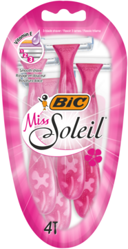 Różowe maszynki BIC Miss Soleil (4 szt.) z 3 ostrzami i paskiem z witaminą E, widok z przodu opakowania.