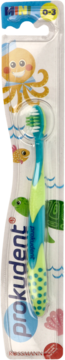 Prokudent dziecięca szczoteczka do zębów 0-3, zielono-niebieska, w blistrze z wizerunkami morskich zwierząt, widok z przodu.