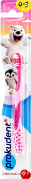 Różowa szczoteczka Prokudent do zębów dla dzieci 0-3, z miękkim włosiem, w opakowaniu z misiem, widok z przodu.