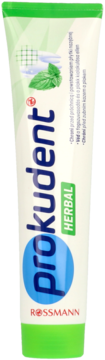 Pasta do zębów Prokudent Herbal, biała tubka z zielonymi detalami, grafiką mięty i logo Rossmann, widok z przodu.