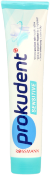 Tubka pasty Prokudent Sensitive Rossmann: biało-niebieska, pionowa, z logo Rossmann, do wrażliwych zębów.