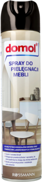 Domol spray do pielęgnacji mebli, biała puszka z czarną nakrętką, antystatyczny, widok frontalny.