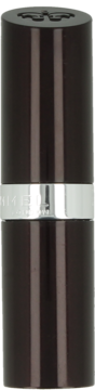 Satynowa pomadka Rimmel Lasting Finish, ciemna walcowata oprawa ze srebrnym paskiem i logo, widok z przodu.