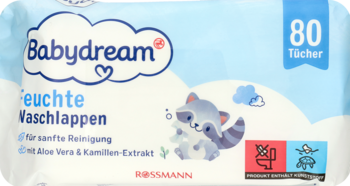 Biało-niebieskie opakowanie chusteczek nawilżanych Babydream dla niemowląt, 80 sztuk, z aloesem i rumiankiem.