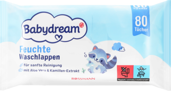 Biało-niebieskie opakowanie babydream 80 chusteczek nawilżanych dla niemowląt z aloesem i rumiankiem, widok z przodu.