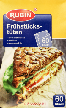 Opakowanie papierowych torebek śniadaniowych Rubin, 60 sztuk, tłuszczoszczelne, z widoczną kanapką.
