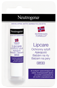 Neutrogena Lipcare SPF 20, biały ochronny sztyft w blistrze, widok z przodu, napis "Norwegian Formula".