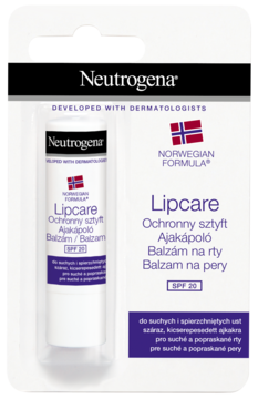 Neutrogena Lipcare SPF 20, biały ochronny sztyft w blistrze, widok z przodu, napis "Norwegian Formula".