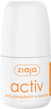 Ziaja Activ antyperspirant w kremie, białe opakowanie z pomarańczowym logo i napisem, widok z przodu.