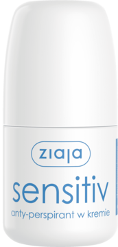 Biały anty-perspirant Ziaja Sensitiv w kremie, w roll-onie, z niebieskim napisem, widok z przodu.