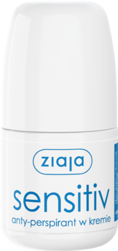 Biały anty-perspirant w kremie Ziaja Sensitiv w opakowaniu roll-on, z niebieskim napisem, widok z przodu.