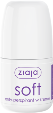 Biały Ziaja Soft anty-perspirant w kremie, w małej butelce roll-on z fioletowym napisem, widok z przodu.
