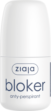 Biały Ziaja Bloker anty-perspirant w butelce roll-on, widok z przodu, z napisem ziaja i bloker.
