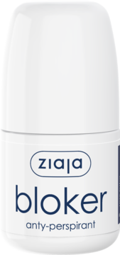 Biały antyperspirant roll-on Ziaja Bloker, widok z przodu. Niebieskie logo i napis 'anty-perspirant'.
