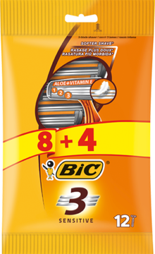 Żółto-pomarańczowe opakowanie maszynek Bic 3 Sensitive 8+4 sztuk, potrójne ostrze z aloesem i witaminą E, widok z przodu.