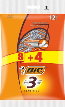 Opakowanie 12 pomarańczowych maszynek BIC 3 Sensitive, z 3 ostrzami, aloesem i witaminą E, widok z przodu.