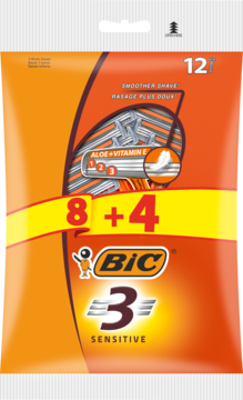 Pomarańczowe opakowanie 12 maszynek BIC 3 Sensitive dla mężczyzn, z aloesem i witaminą E, widok z przodu.