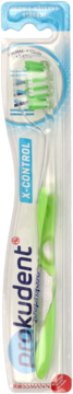 Prokudent X-CONTROL szczoteczka do zębów w blistrze. Zielony, ergonomiczny uchwyt, włókna IX, widok z przodu.