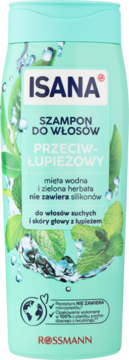Jasnozielony Isana Szampon Przeciwłupieżowy, z miętą, zieloną herbatą, bez silikonów, widok z przodu.