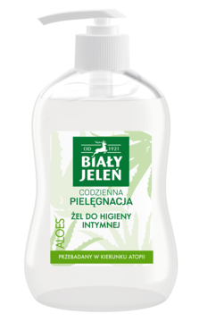 Biały Jeleń Żel do higieny intymnej z aloesem w przezroczystej butelce z pompką, zielona etykieta, widok z przodu.