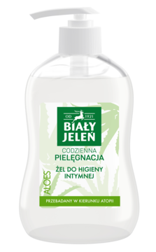 Biały Jeleń Żel do higieny intymnej z aloesem w przezroczystej butelce z pompką, zielona etykieta, widok z przodu.