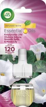 Air Wick elektryczny wkład Moon Lily Essential Oils, butelka ze złotym płynem na tle białych kwiatów.