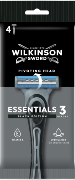 Opakowanie Wilkinson Sword Essentials 3 Black Edition, 4 maszynki z ruchomą główką, 3 ostrzami, witaminą E.