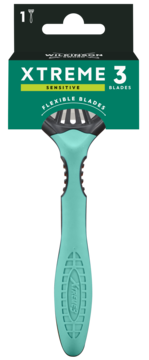 Wilkinson Sword Xtreme 3 Sensitive z 3 elastycznymi ostrzami, w zielono-czarnym opakowaniu, widok z przodu.