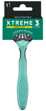 Wilkinson Sword Xtreme 3 Sensitive z 3 elastycznymi ostrzami, w zielono-czarnym opakowaniu, widok z przodu.