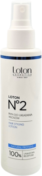 Biała butelka Loton N°2 Hair Styling Lotion z naturalnymi proteinami, widok z przodu, niebieski pasek.